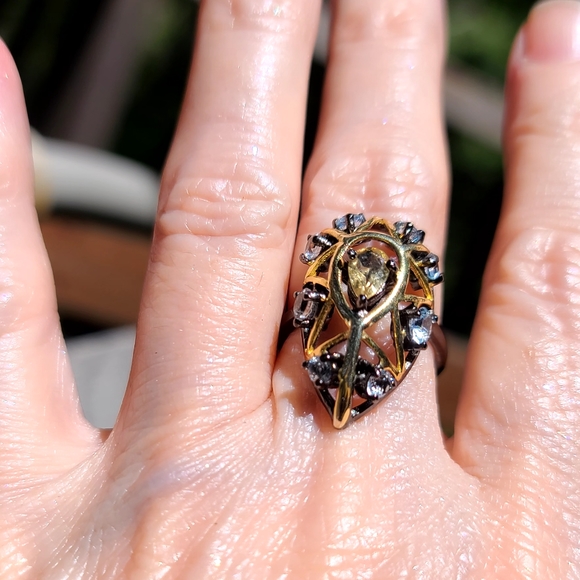 Citrine & Topaz Sterling Rhodium & Gold Art Deco ring sz6.5 - Picture 9 of 15